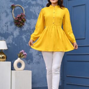 Women’s Mustard Yellow Tunic Top with Front Pleated Design & Wooden Buttons