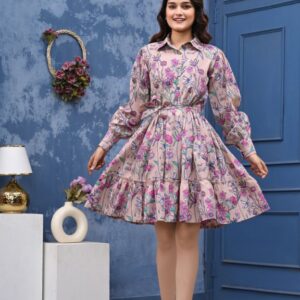 Women’s Floral Print Dress with Long Puff Sleeves & Belted Waist