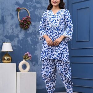 Women’s Blue & White Floral Cotton Kurta with Dhoti Pants Set