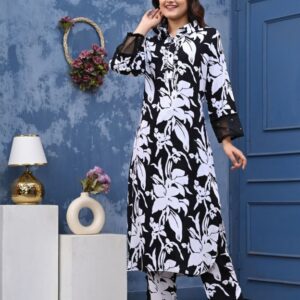 Women’s Black & White Floral Printed Kurti Set with Pants