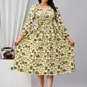 Aarti Fashion Women’s Multicolor Pure Cotton Stitched Anarkali Gown – V Neck, 3/4 Sleeves, Casual Wear