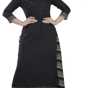 Elegant Black Printed Viscose Rayon Anarkali Gown for Women – Stitched, 3/4 Sleeve, Round Neck, Casual Wear for Family Events