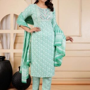 Green Printed Kurta Pant Dupatta Set | Ethnic 3-Piece Suit Set for Women