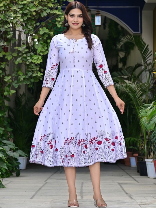 Lavender Floral Printed Fit & Flare Midi Dress for Women