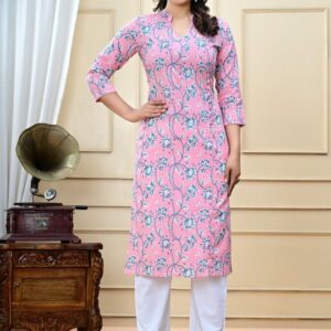 Pink Floral Printed Straight Long Kurti for Women