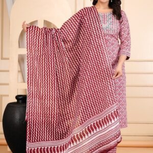 Maroon Printed Kurta Pant Dupatta Set | Ethnic 3-Piece Suit Set for Women