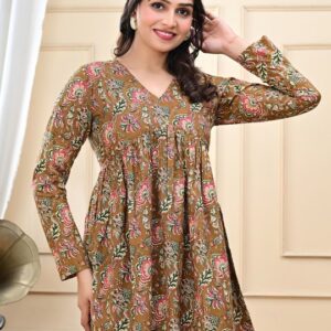 Brown Floral Printed Peplum V-Neck Long Sleeve Casual Tunic Top for Women