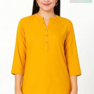 Mustard Solid Mandarin Collar Neck Regular Fit Casual Top for Women