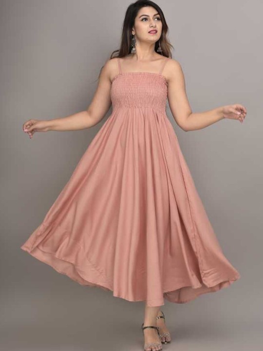 Fit and Flare Midi Length Peach Dress for Women