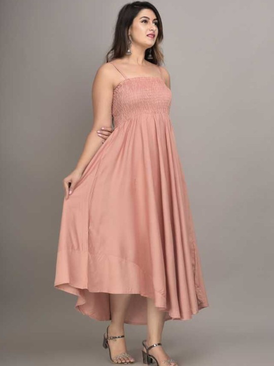 Fit and Flare Midi Length Peach Dress for Women - Image 2