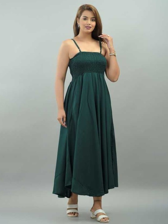 Fit and Flare Midi Length Dark Green Dress for Women - Image 2