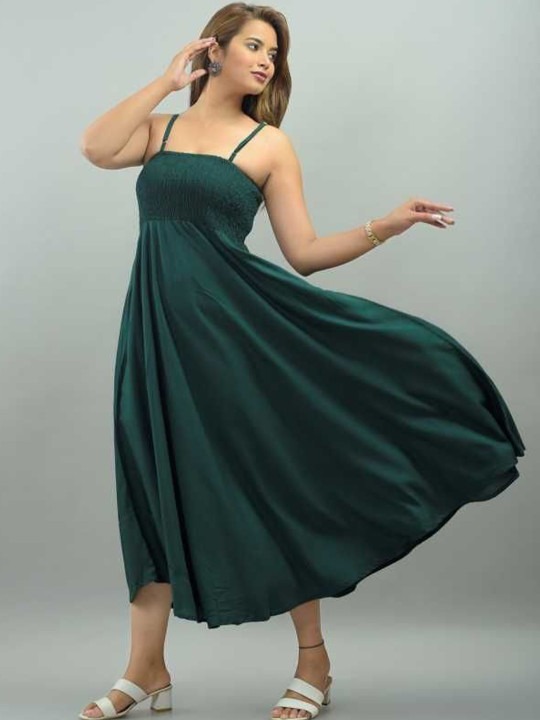 Fit and Flare Midi Length Dark Green Dress for Women - Image 4