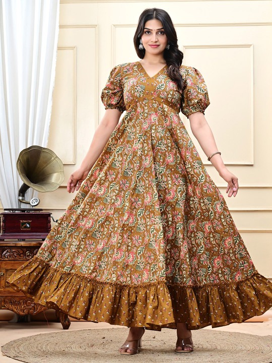 Brown Floral Printed Maxi Dress for Women