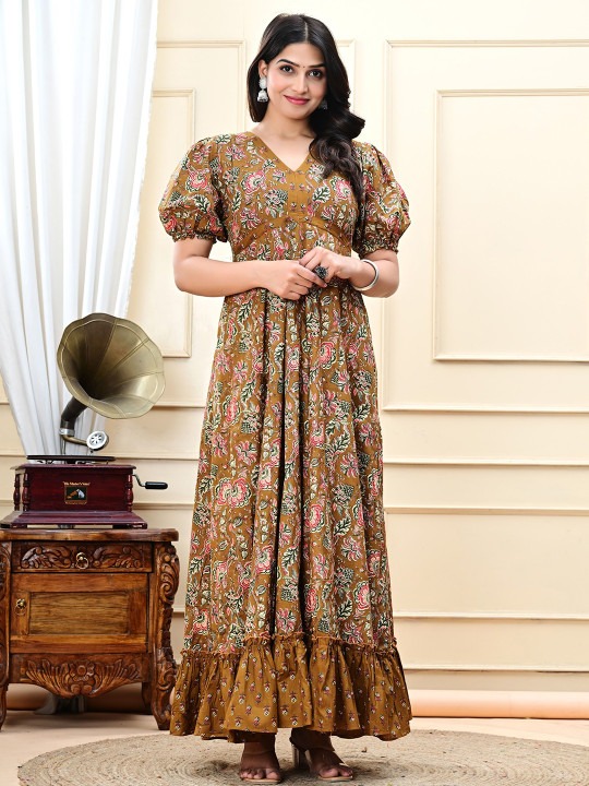 Brown Floral Printed Maxi Dress for Women - Image 3