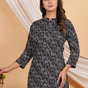 Black Printed Mandarin Collar Neck Regular Fit Casual Top for Women