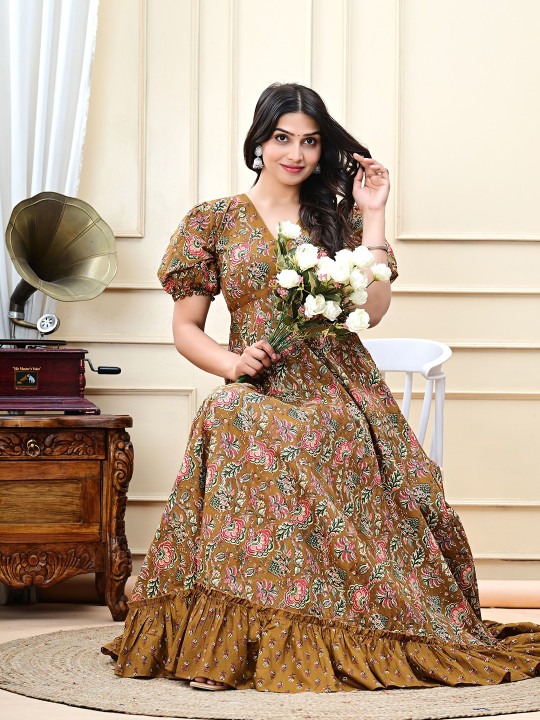 Brown Floral Printed Maxi Dress for Women - Image 7