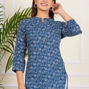 Light Blue Printed Mandarin Collar Neck Regular Fit Casual Top for Women
