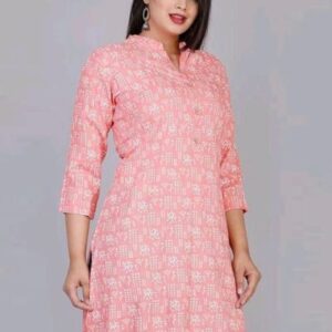 Pink Printed Mandarin Collar Neck Regular Fit Casual Top for Women