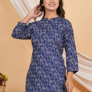 Navy Blue Printed Mandarin Collar Neck Regular Fit Casual Top for Women