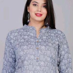 Gray Printed Mandarin Collar Neck Regular Fit Casual Top for Women