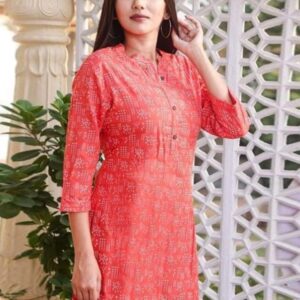 Red Printed Mandarin Collar Neck Regular Fit Casual Top for Women