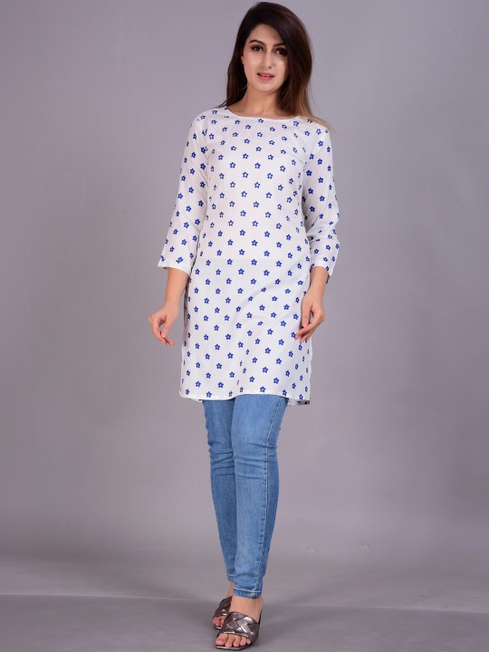 White Base with Blue Printed Straight Tunic Top for Women - Image 2