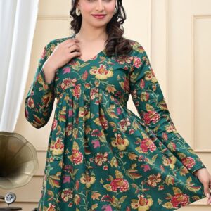 Green Floral Printed Peplum V-Neck Long Sleeve Casual Tunic Top for Women