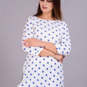 White Base with Blue Printed Straight Tunic Top for Women