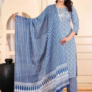 Blue Printed Kurta Pant Dupatta Set | Ethnic 3-Piece Suit Set for Women