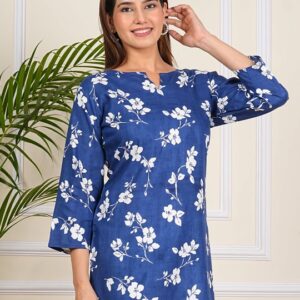 Sky Blue Floral Printed V Neck Regular Fit Casual Top for Women