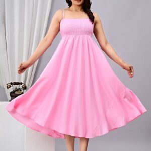 Fit and Flare Midi Length Baby Pink Dress for Women