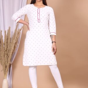 White Printed Straight Ethnic Long Kurti for Women