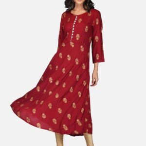 Maroon Ethnic Motif Printed Anarkali Kurta | Flared A-Line Kurti with 3/4 Sleeves for Women
