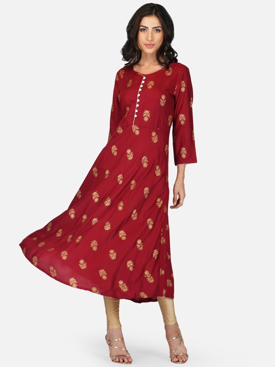 Maroon Ethnic Motif Printed Anarkali Kurta | Flared A-Line Kurti with 3/4 Sleeves for Women