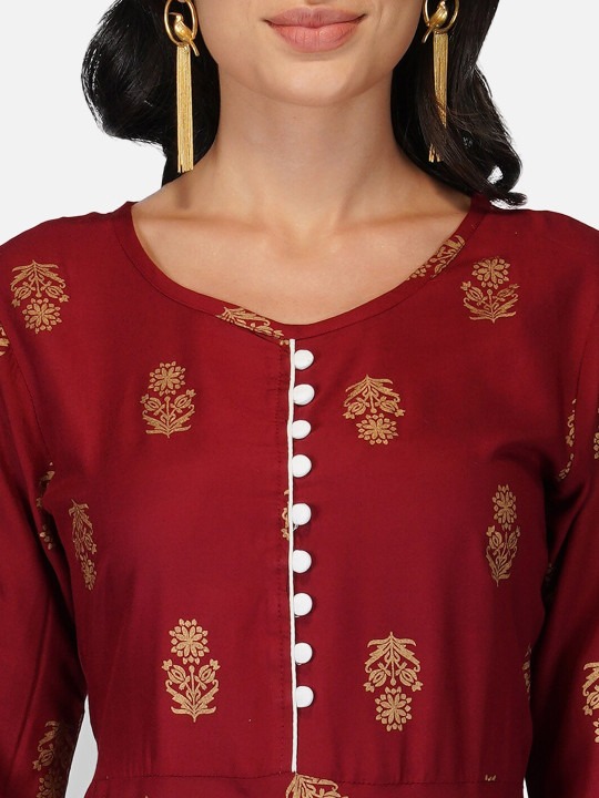 Maroon Ethnic Motif Printed Anarkali Kurta | Flared A-Line Kurti with 3/4 Sleeves for Women - Image 4