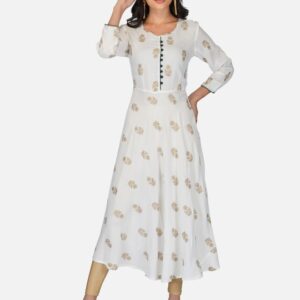 White Ethnic Motif Printed Anarkali Kurta | Flared A-Line Kurti with 3/4 Sleeves for Women
