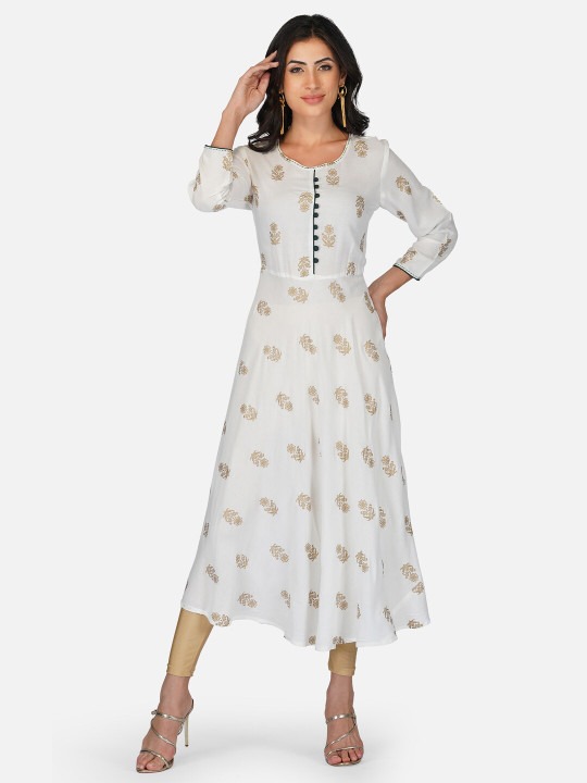 White Ethnic Motif Printed Anarkali Kurta | Flared A-Line Kurti with 3/4 Sleeves for Women
