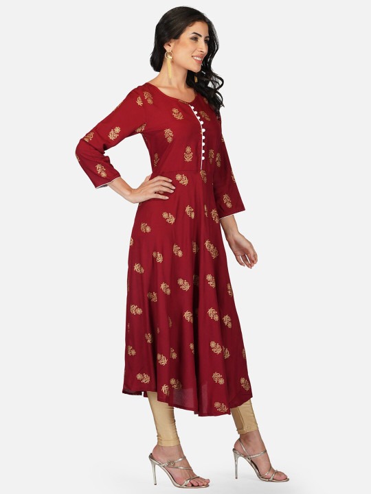 Maroon Ethnic Motif Printed Anarkali Kurta | Flared A-Line Kurti with 3/4 Sleeves for Women - Image 3