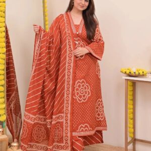Orange Bandhani Printed Kurta Pant Dupatta Set | Ethnic 3-Piece Suit Set for Women