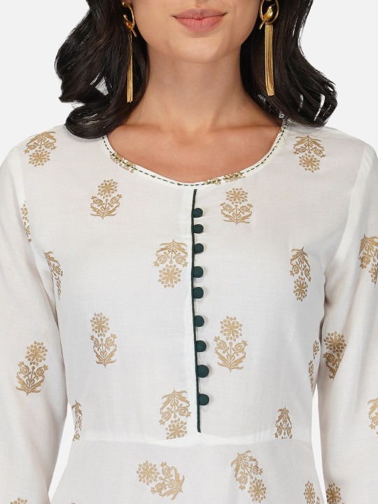 White Ethnic Motif Printed Anarkali Kurta | Flared A-Line Kurti with 3/4 Sleeves for Women - Image 4