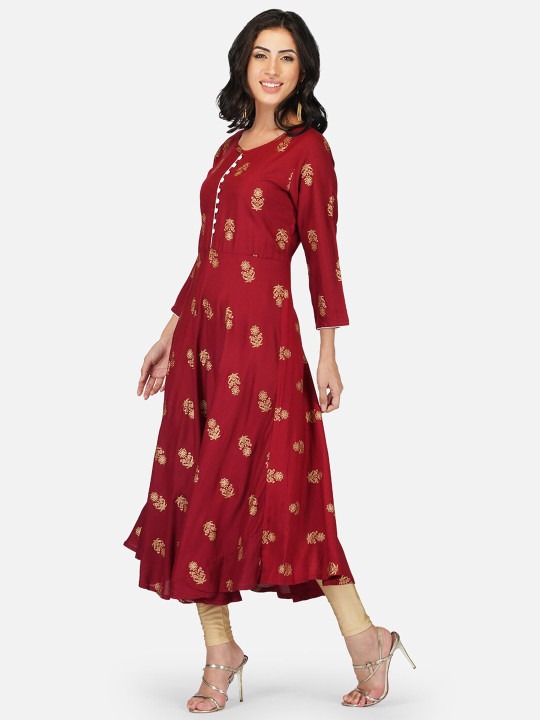 Maroon Ethnic Motif Printed Anarkali Kurta | Flared A-Line Kurti with 3/4 Sleeves for Women - Image 2