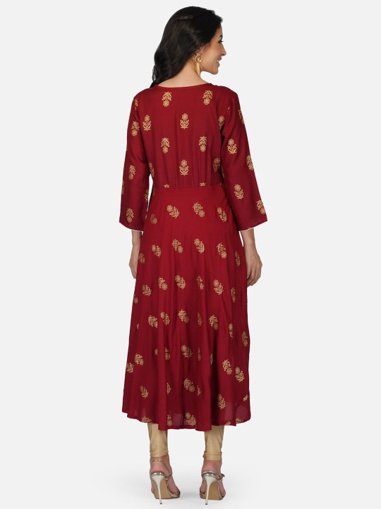 Maroon Ethnic Motif Printed Anarkali Kurta | Flared A-Line Kurti with 3/4 Sleeves for Women - Image 6
