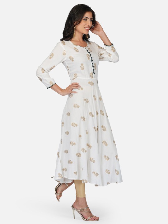 White Ethnic Motif Printed Anarkali Kurta | Flared A-Line Kurti with 3/4 Sleeves for Women - Image 3