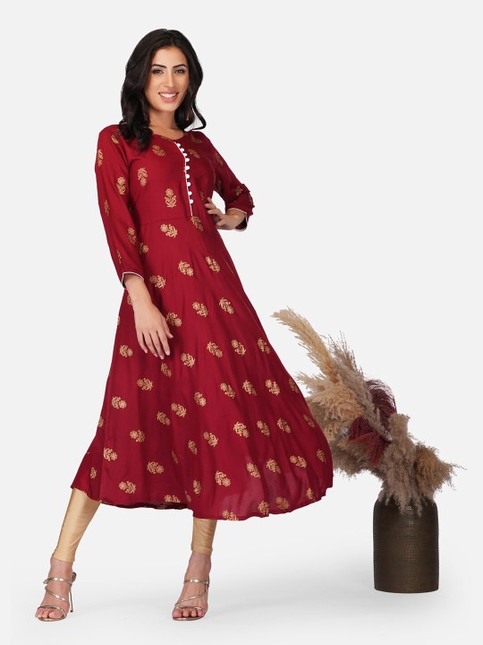 Maroon Ethnic Motif Printed Anarkali Kurta | Flared A-Line Kurti with 3/4 Sleeves for Women - Image 5