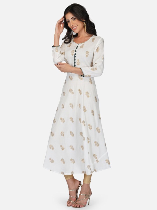 White Ethnic Motif Printed Anarkali Kurta | Flared A-Line Kurti with 3/4 Sleeves for Women - Image 2