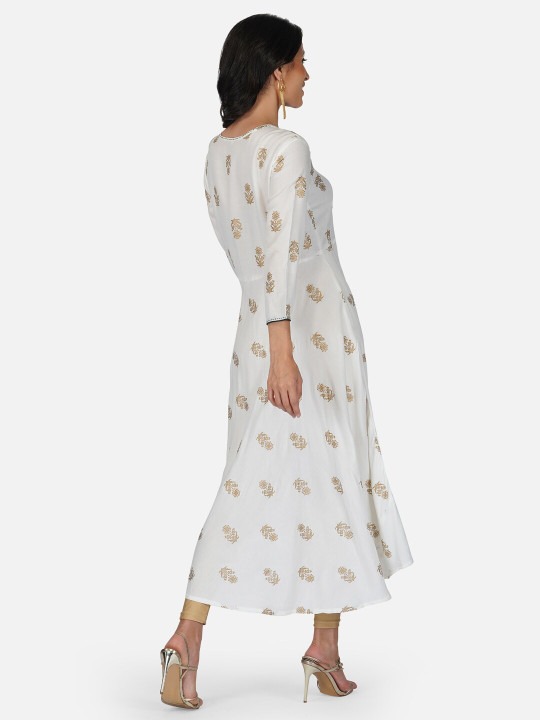White Ethnic Motif Printed Anarkali Kurta | Flared A-Line Kurti with 3/4 Sleeves for Women - Image 6