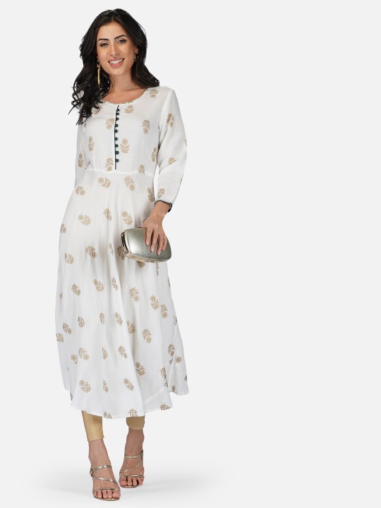White Ethnic Motif Printed Anarkali Kurta | Flared A-Line Kurti with 3/4 Sleeves for Women - Image 5