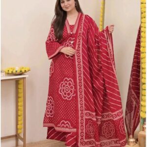 Maroon Bandhani Printed Kurta Pant Dupatta Set | Ethnic 3-Piece Suit Set for Women