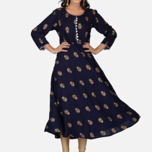 Navy Blue Ethnic Motif Printed Anarkali Kurta | Flared A-Line Kurti with 3/4 Sleeves for Women