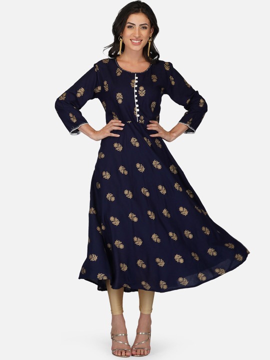 Navy Blue Ethnic Motif Printed Anarkali Kurta | Flared A-Line Kurti with 3/4 Sleeves for Women
